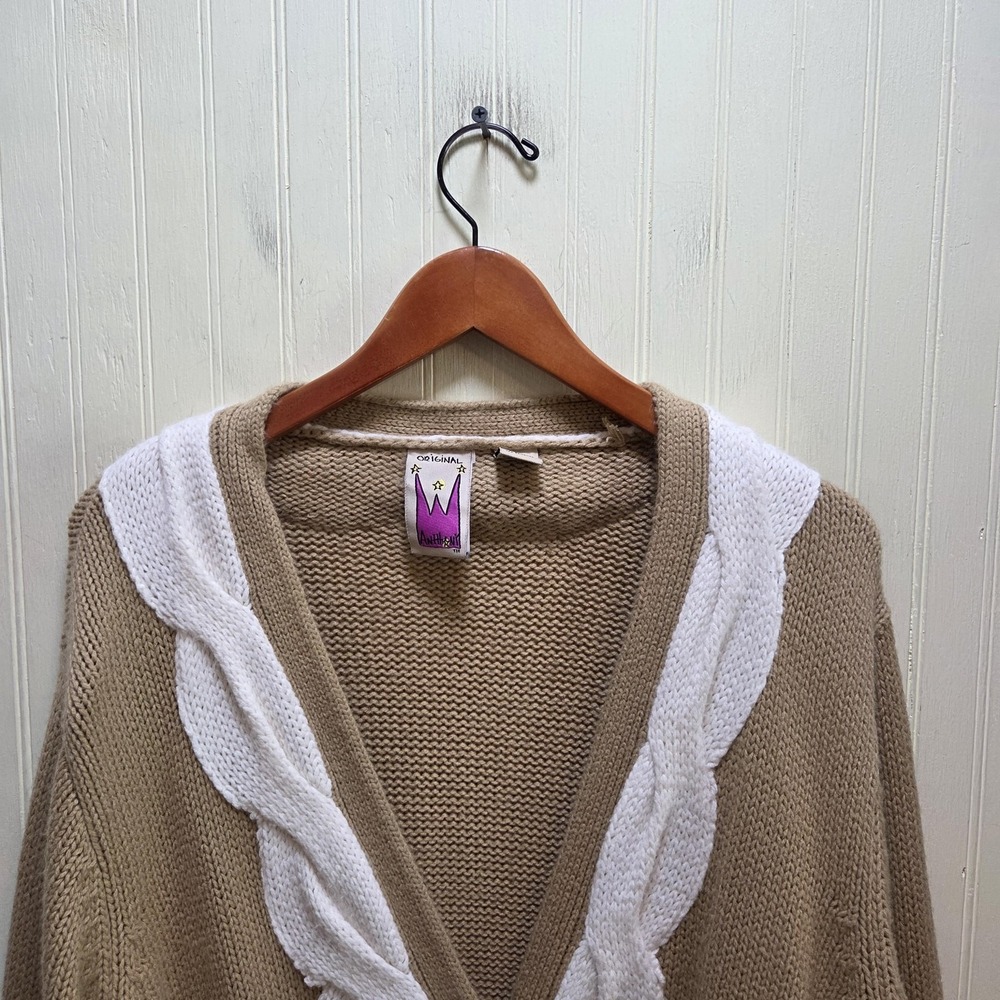 Anthony Cardigan Sweater Womens 2X Beige Cable V Neck Button Front Chunky Knit